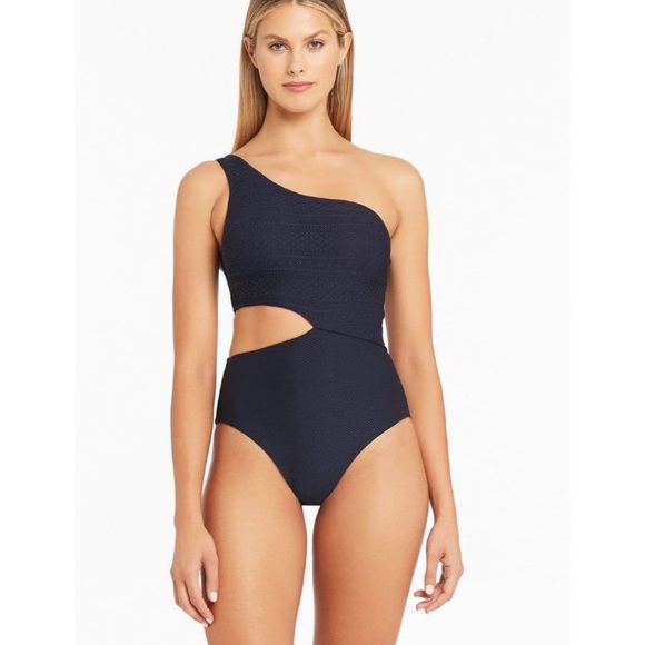 Sea Level One Shoulder Cut Out Lace Bodice One Piece Swimsuit Navy 12 NWT - Picture 15 of 15